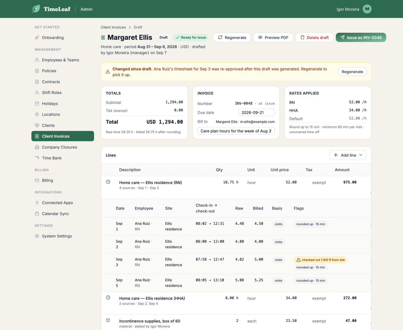 TimeLeaf invoice draft: hours lines expanded to the check-ins behind them