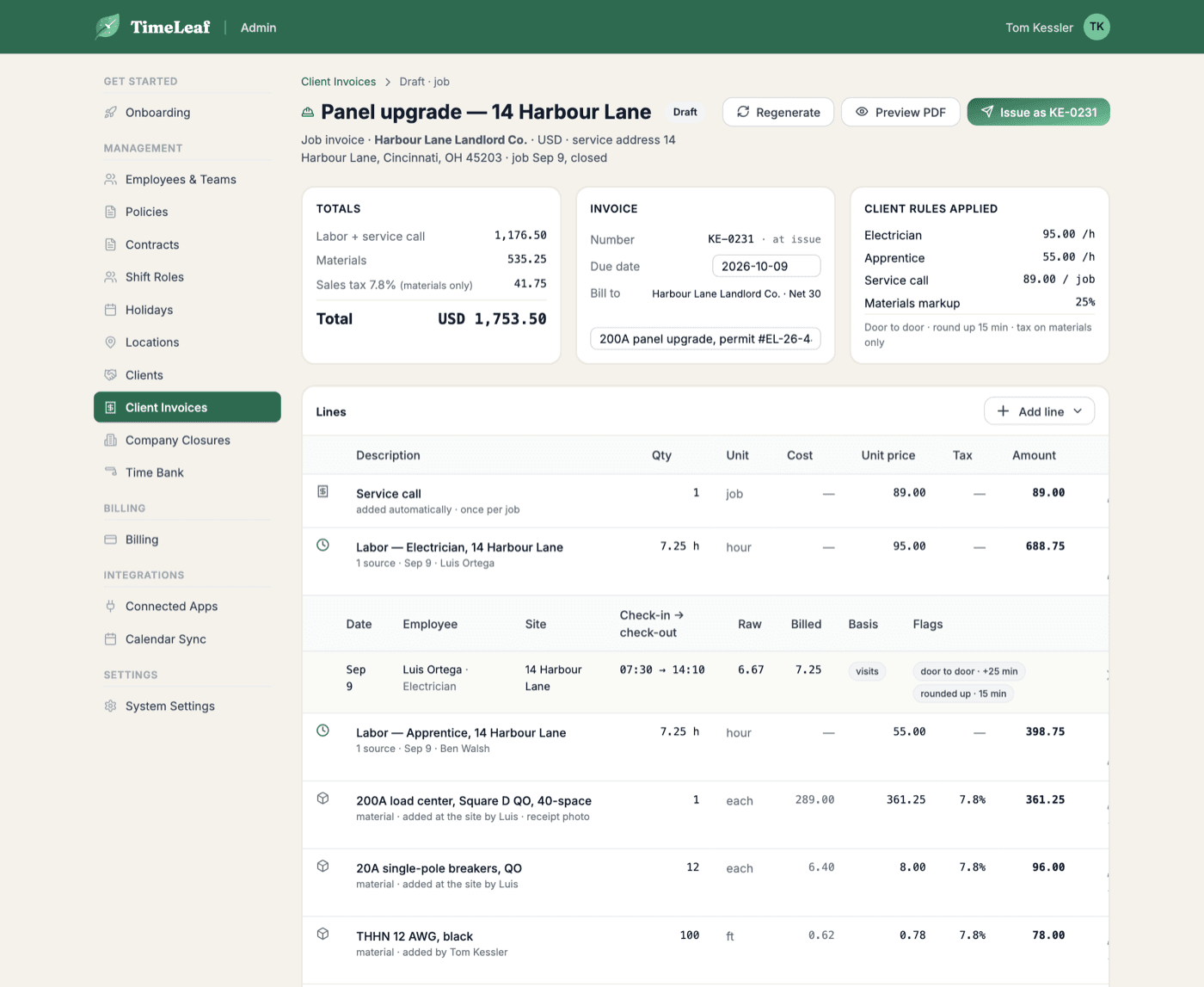A job invoice draft with a service call, labor and marked-up parts