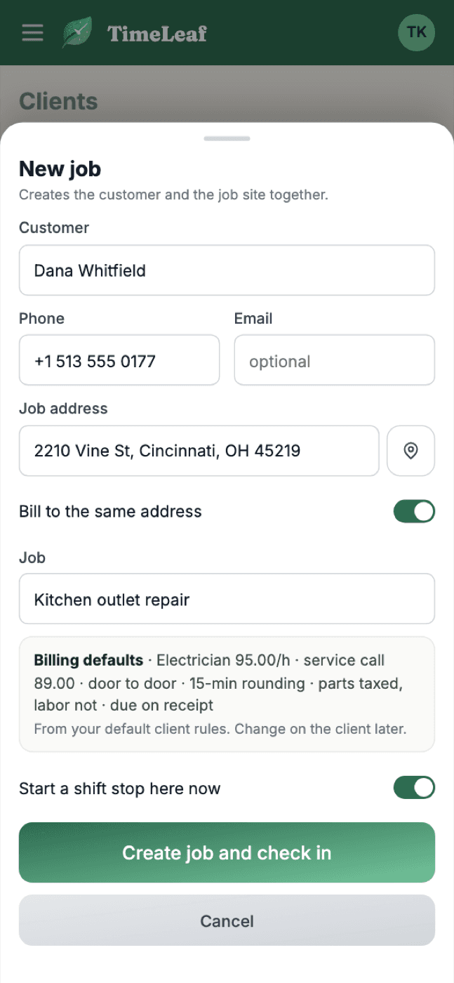 New job sheet on a phone: customer, address and job in one step