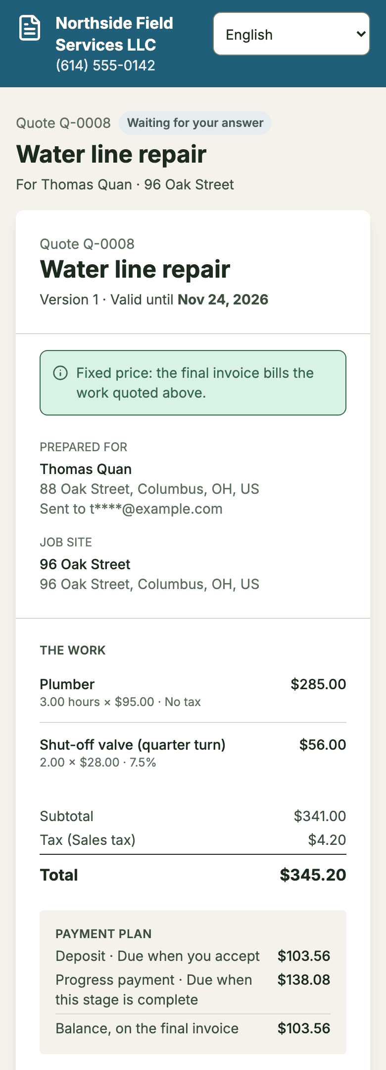The client’s quote page on a phone: the business’s header, the work quoted, the total and the payment plan