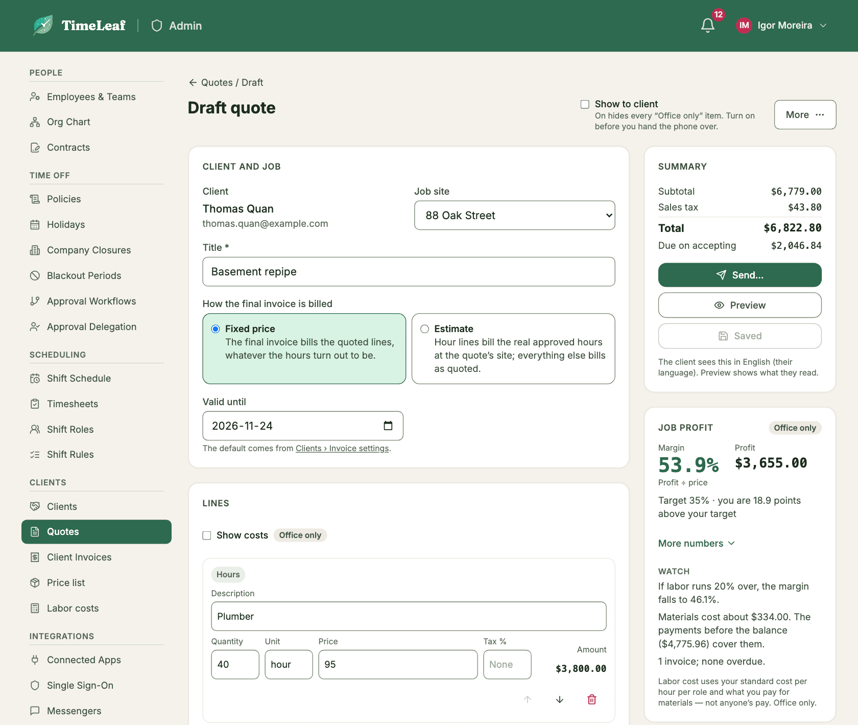 TimeLeaf quote editor: the client and job, a priced hours line, the totals and the office-only job profit panel