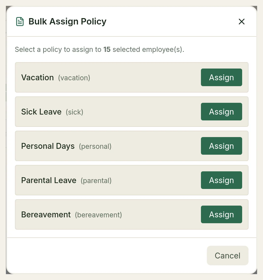The Bulk Assign Policy dialog listing five policies, each with an Assign button