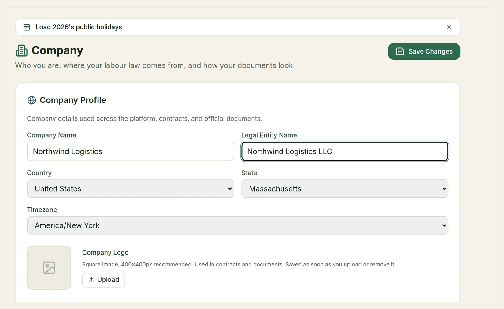 The Company settings page with Company Name, Legal Entity Name, Country, State, Timezone and Company Logo