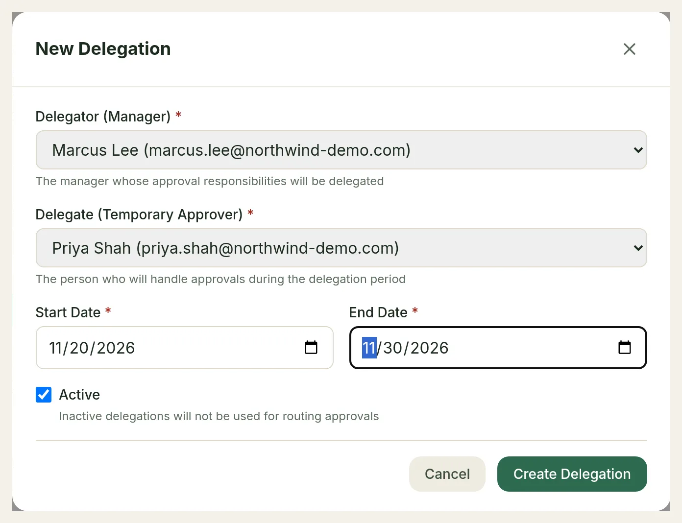 The New Delegation dialog with Marcus Lee as delegator, Priya Shah as delegate, from 11/20/2026 to 11/30/2026, and Active ticked
