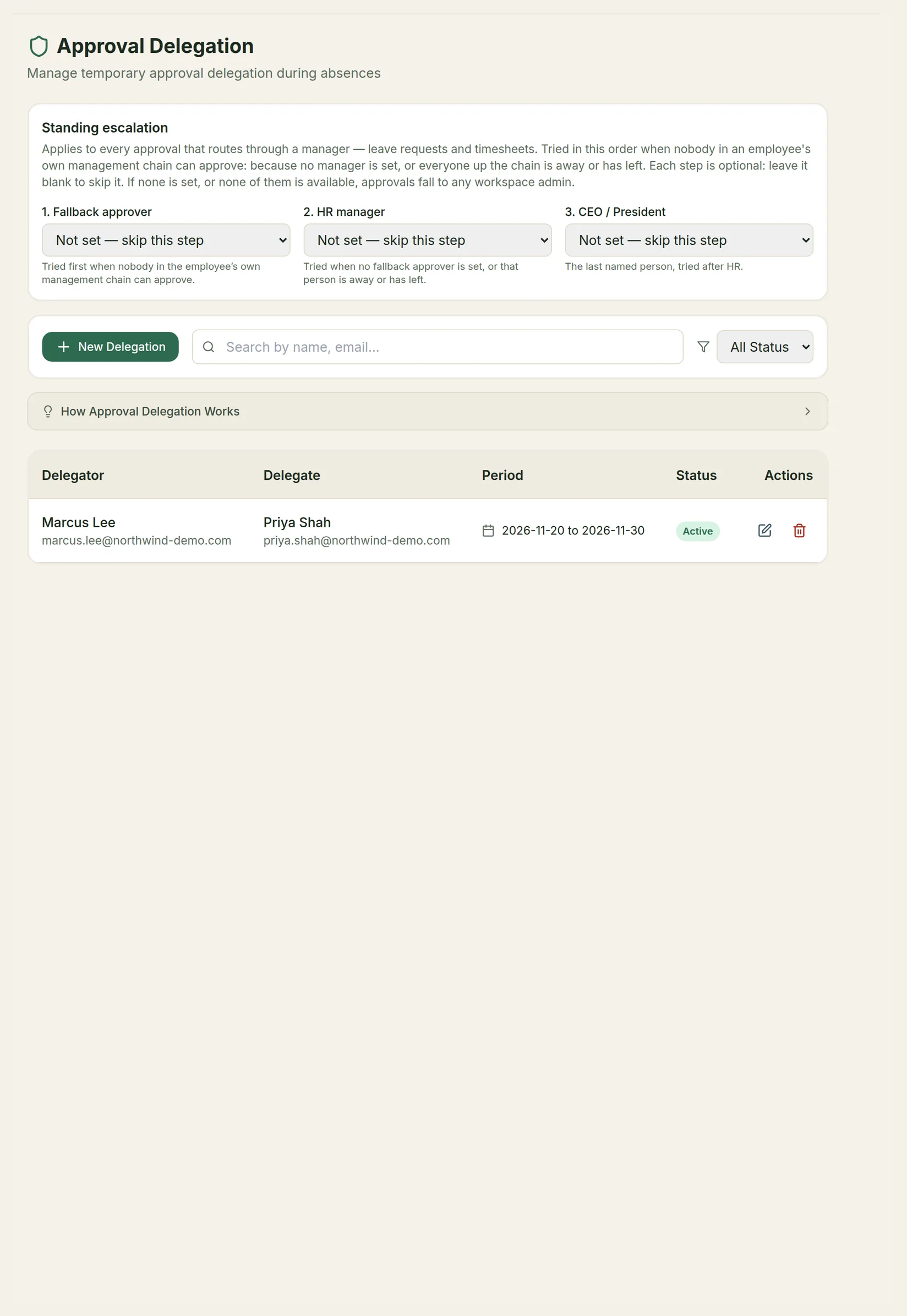 The Approval Delegation page with the Standing escalation card (Fallback approver, HR manager, CEO / President), a New Delegation button, search and status filter, and one active delegation from Marcus Lee to Priya Shah