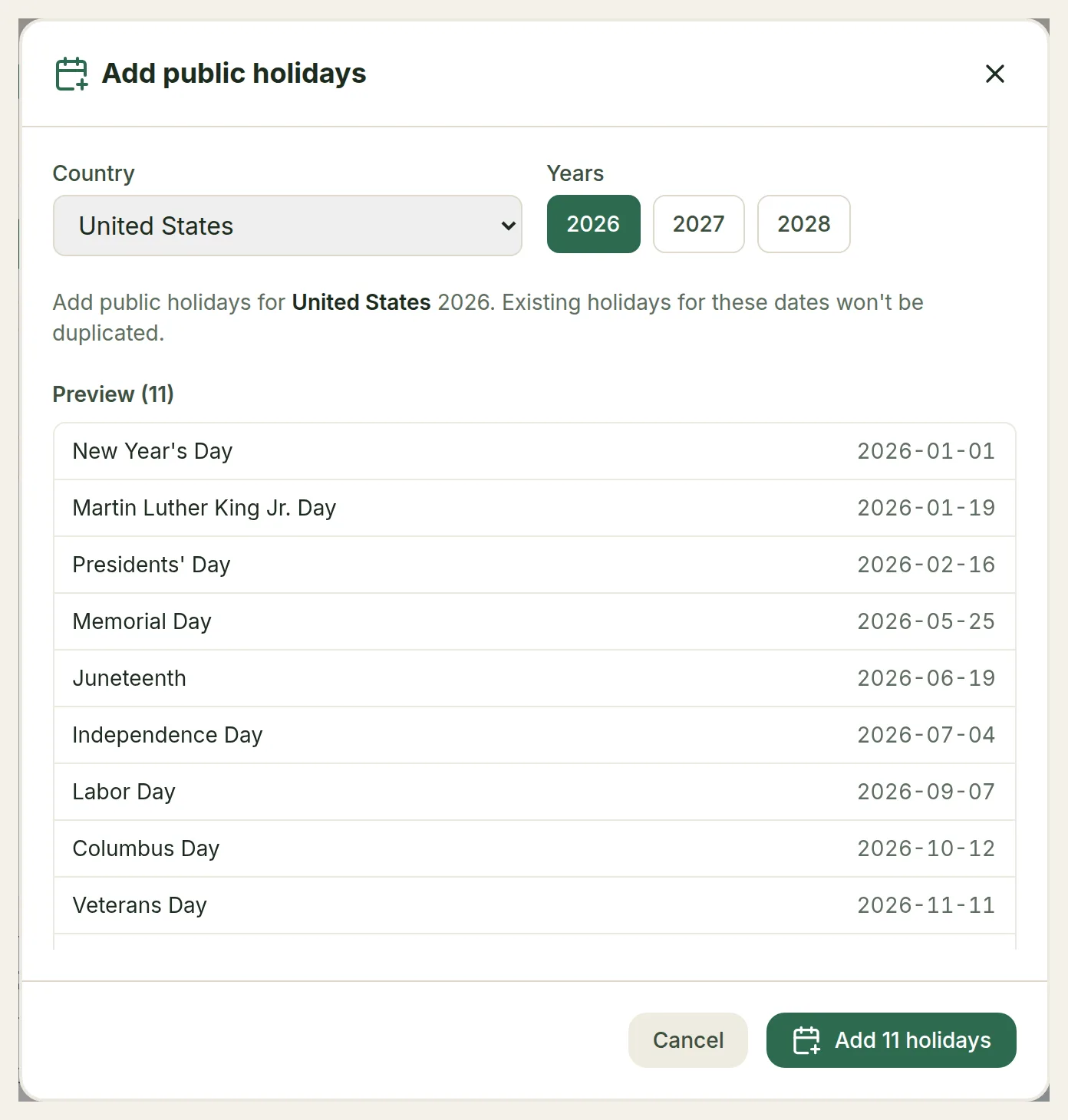 The Add public holidays dialog for United States 2026, with a preview of 11 holidays and an Add 11 holidays button