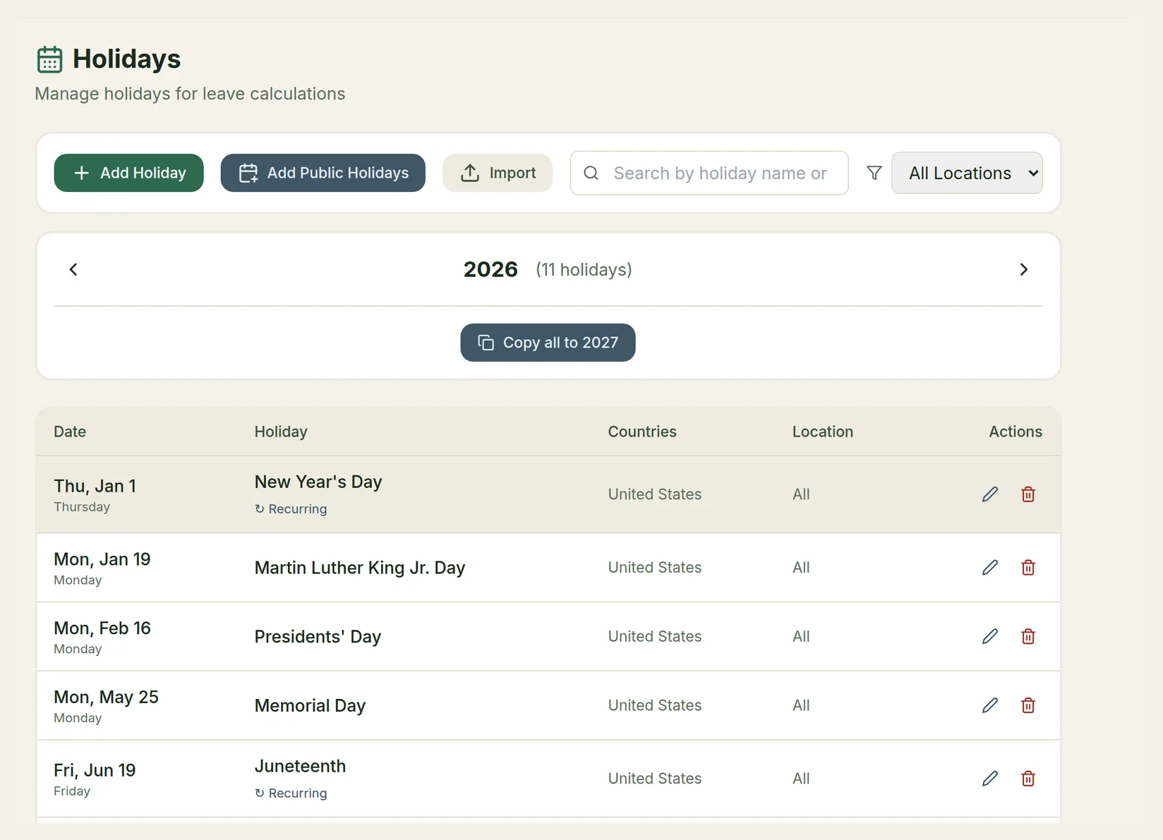 The Holidays list for 2026 with Add Holiday, Add Public Holidays, Import and Copy all to 2027
