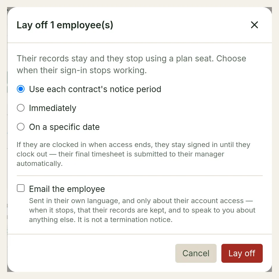 The Lay off dialog with the notice period, Immediately and On a specific date options, and the Email the employee checkbox