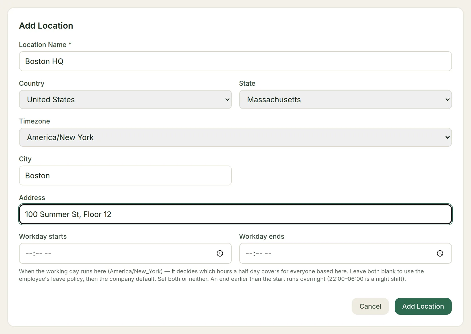 The Add Location form with name, country, state, timezone, city, address and workday start and end