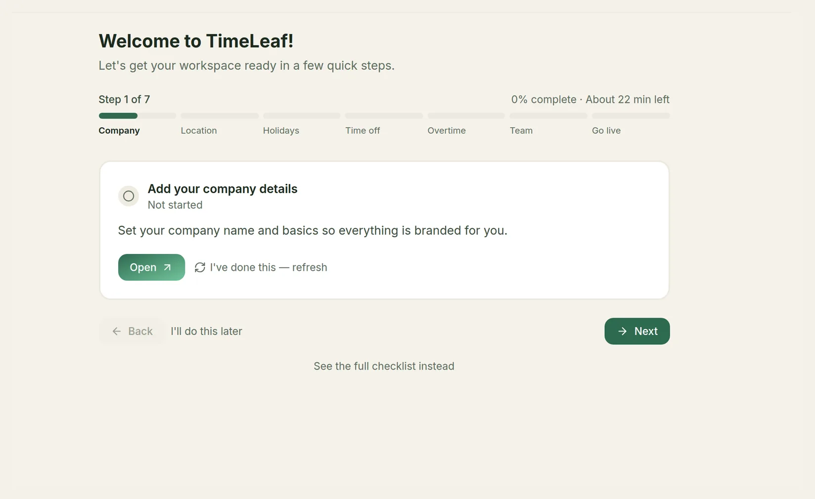 The onboarding wizard on step 1 of 7, Add your company details, with Open and I've done this — refresh buttons