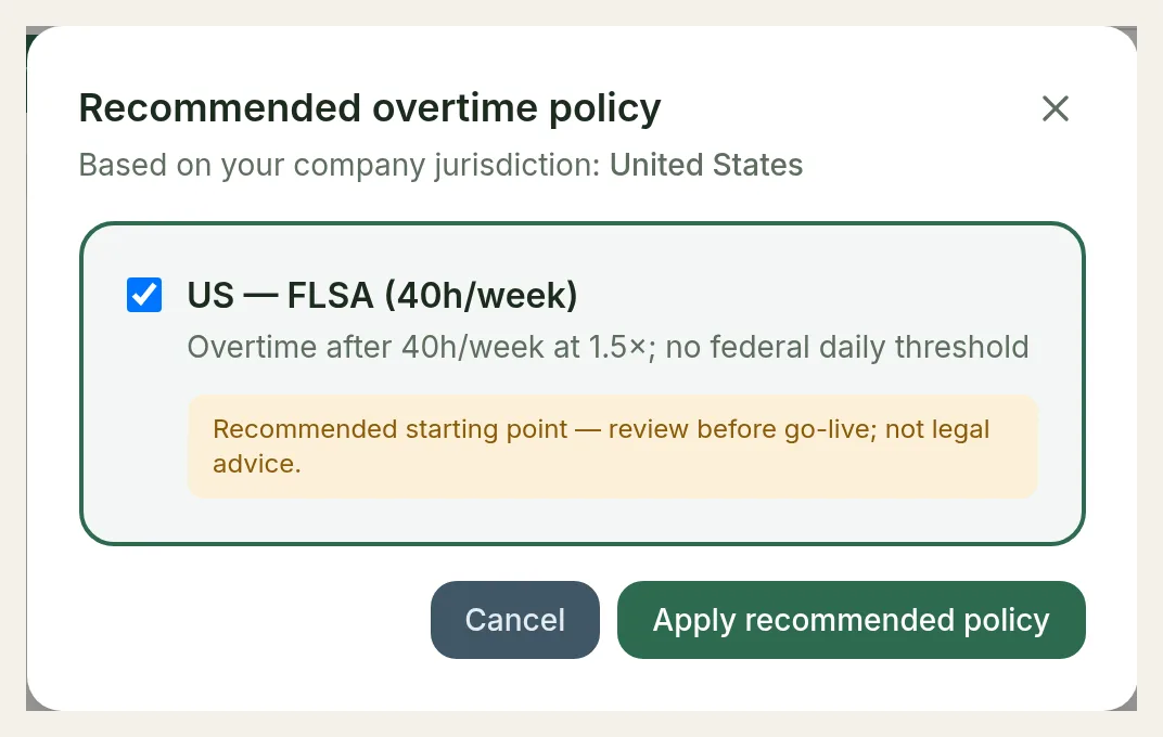 The Recommended overtime policy dialog with US — FLSA (40h/week) selected