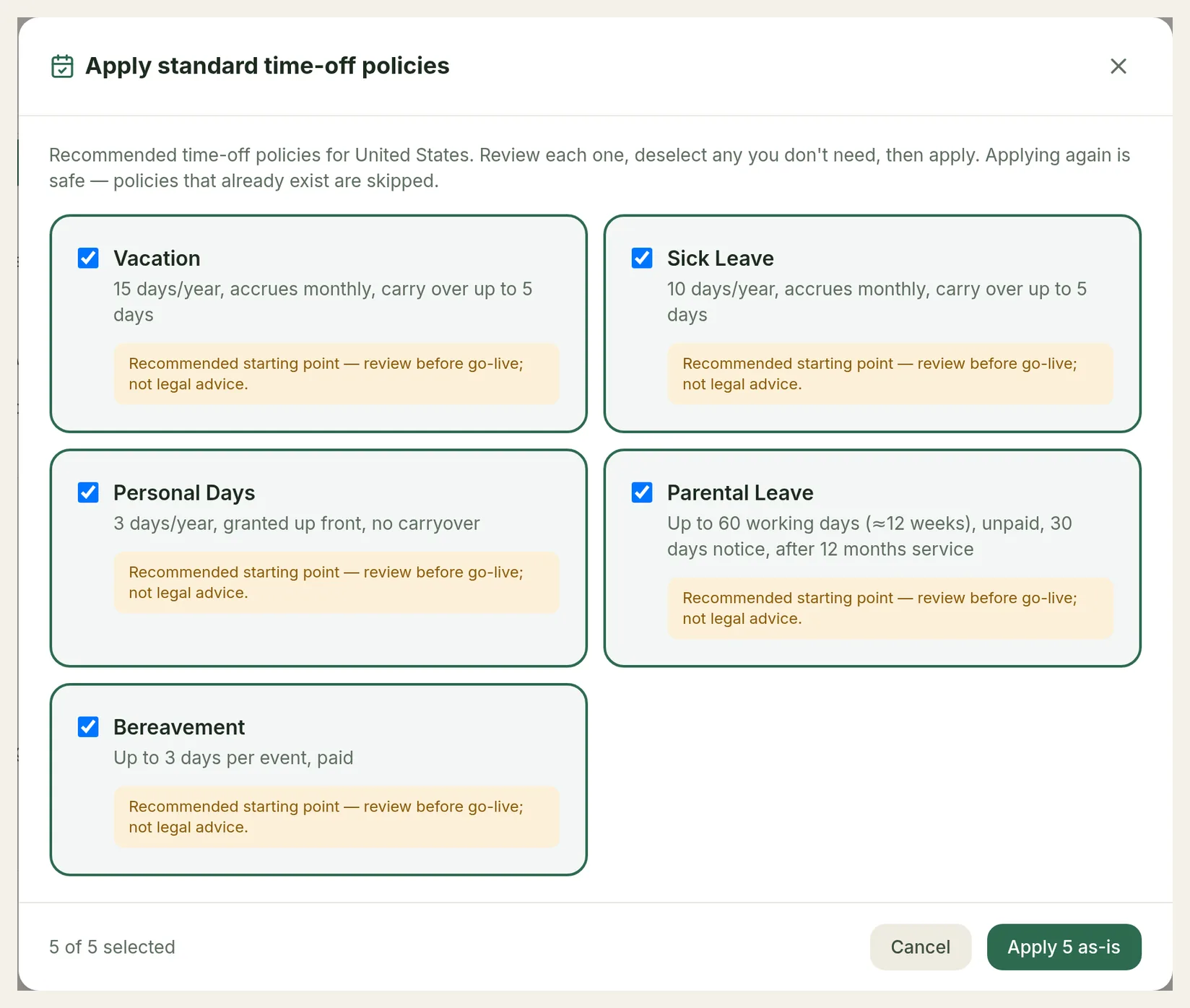 The Apply standard time-off policies dialog with five US policies selected