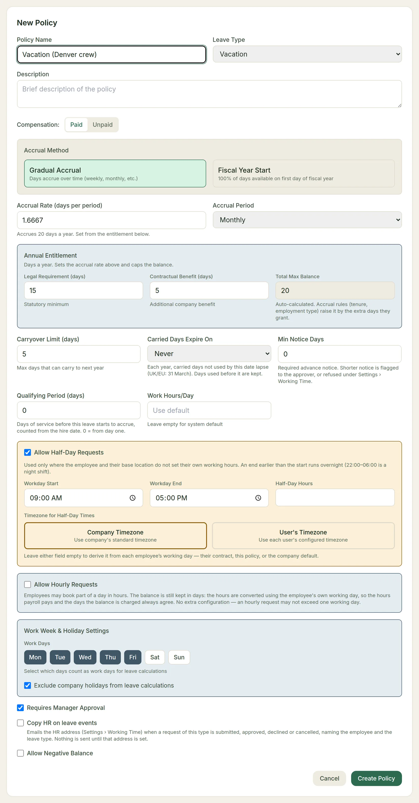 The New Policy form showing accrual method, rate, entitlement, carryover, notice, half-day, hourly, work days, approval, HR copy and negative balance