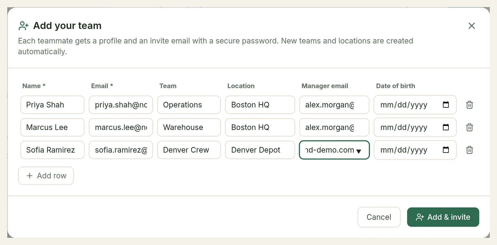 The Add your team dialog with three rows: name, email, team, location, manager email and date of birth