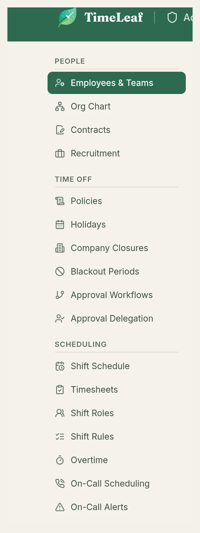 The admin menu, grouped into People, Time off and Scheduling