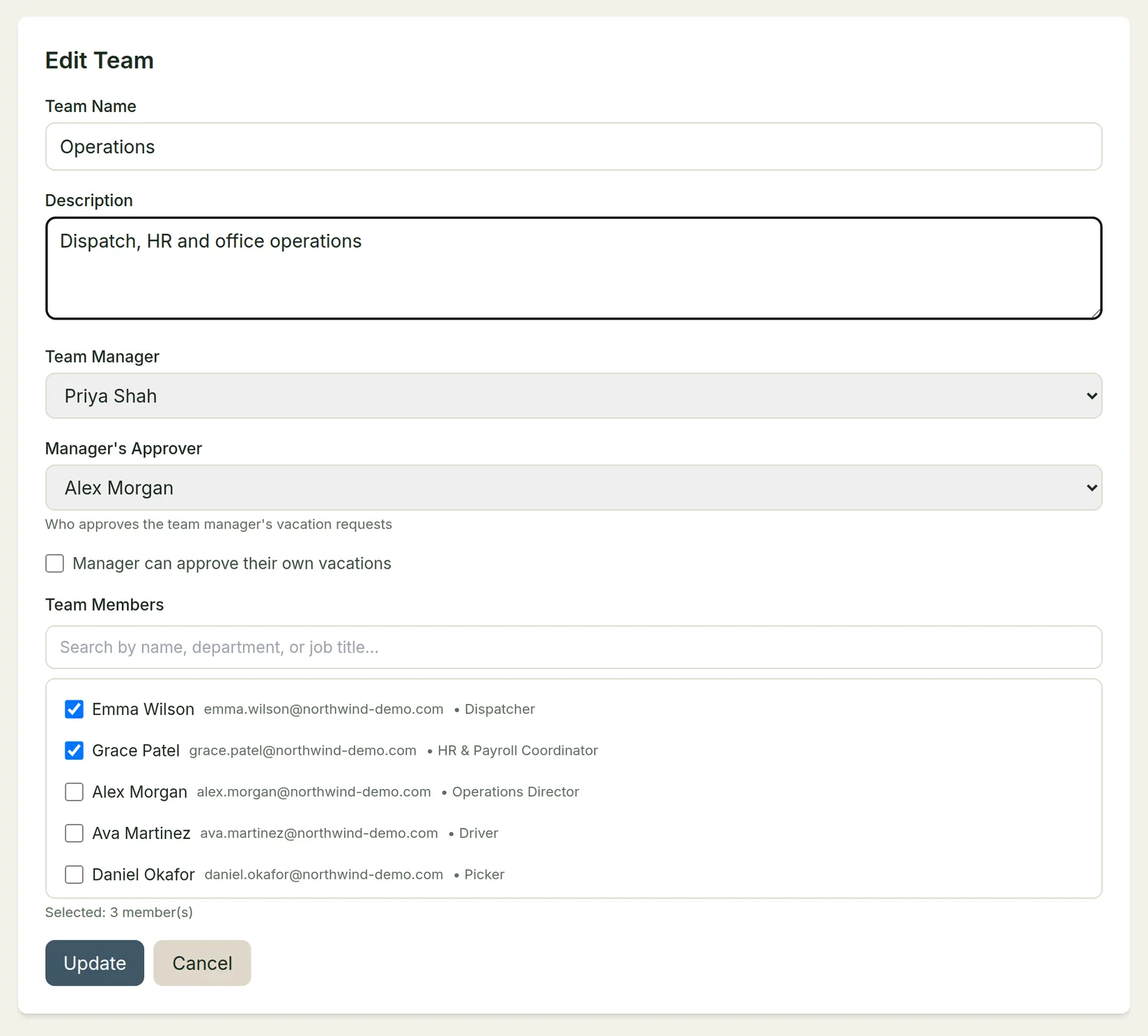 The Edit Team form with Team Manager Priya Shah, Manager's Approver Alex Morgan and team members ticked