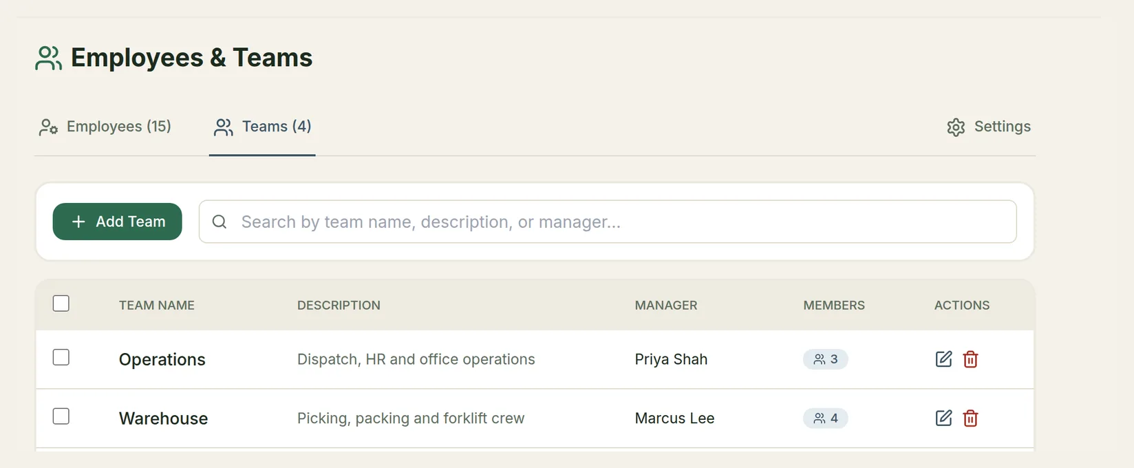 The Teams tab with Add Team, listing Operations and Warehouse with their managers and member counts