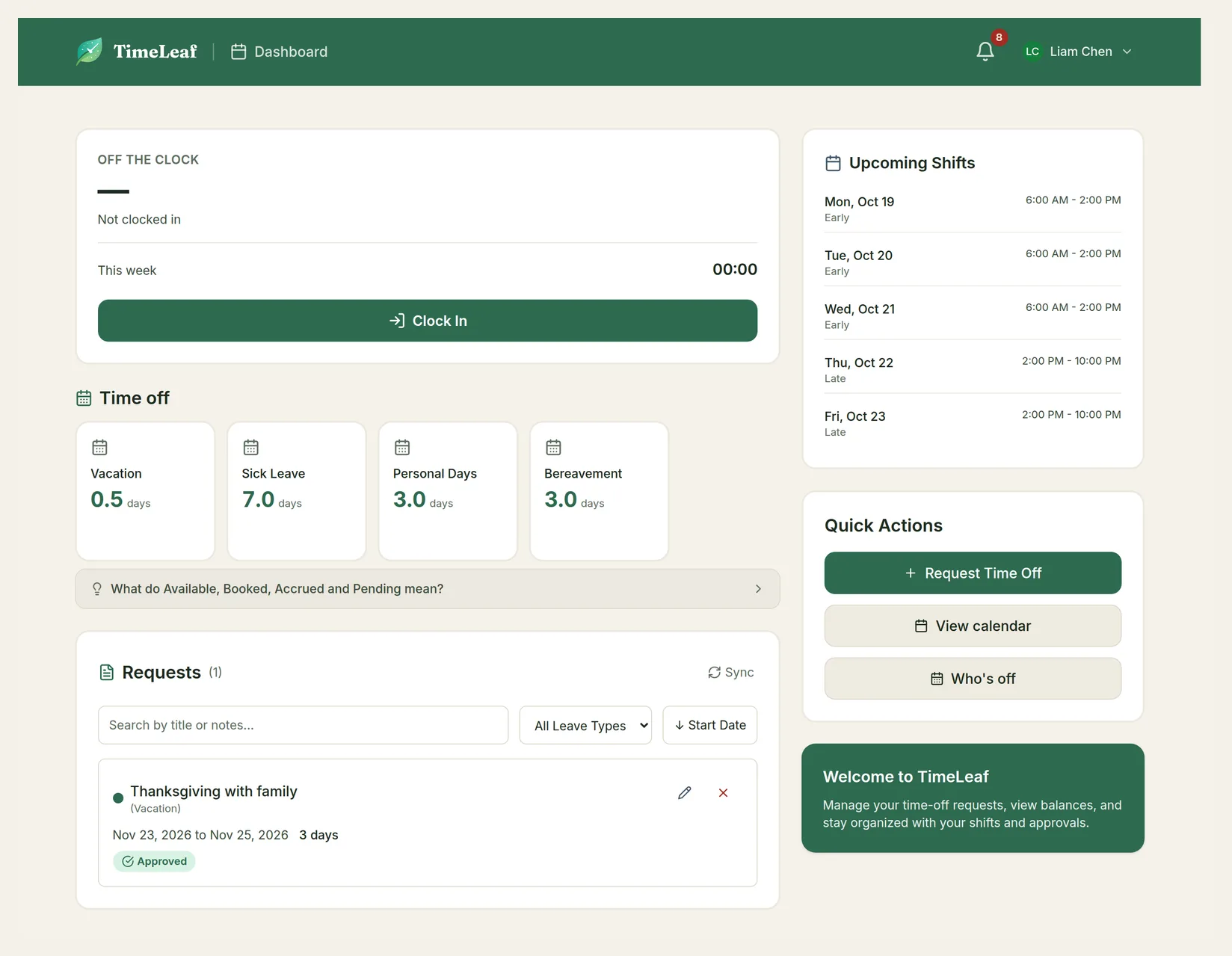 An employee dashboard with a clock card, time off balances for Vacation, Sick Leave, Personal Days and Bereavement, a Requests list with one approved request, Upcoming Shifts and Quick Actions