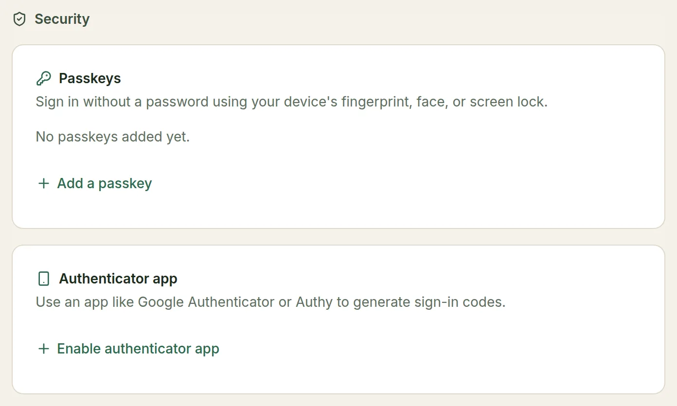 The Security section of My Profile with Passkeys and Authenticator app