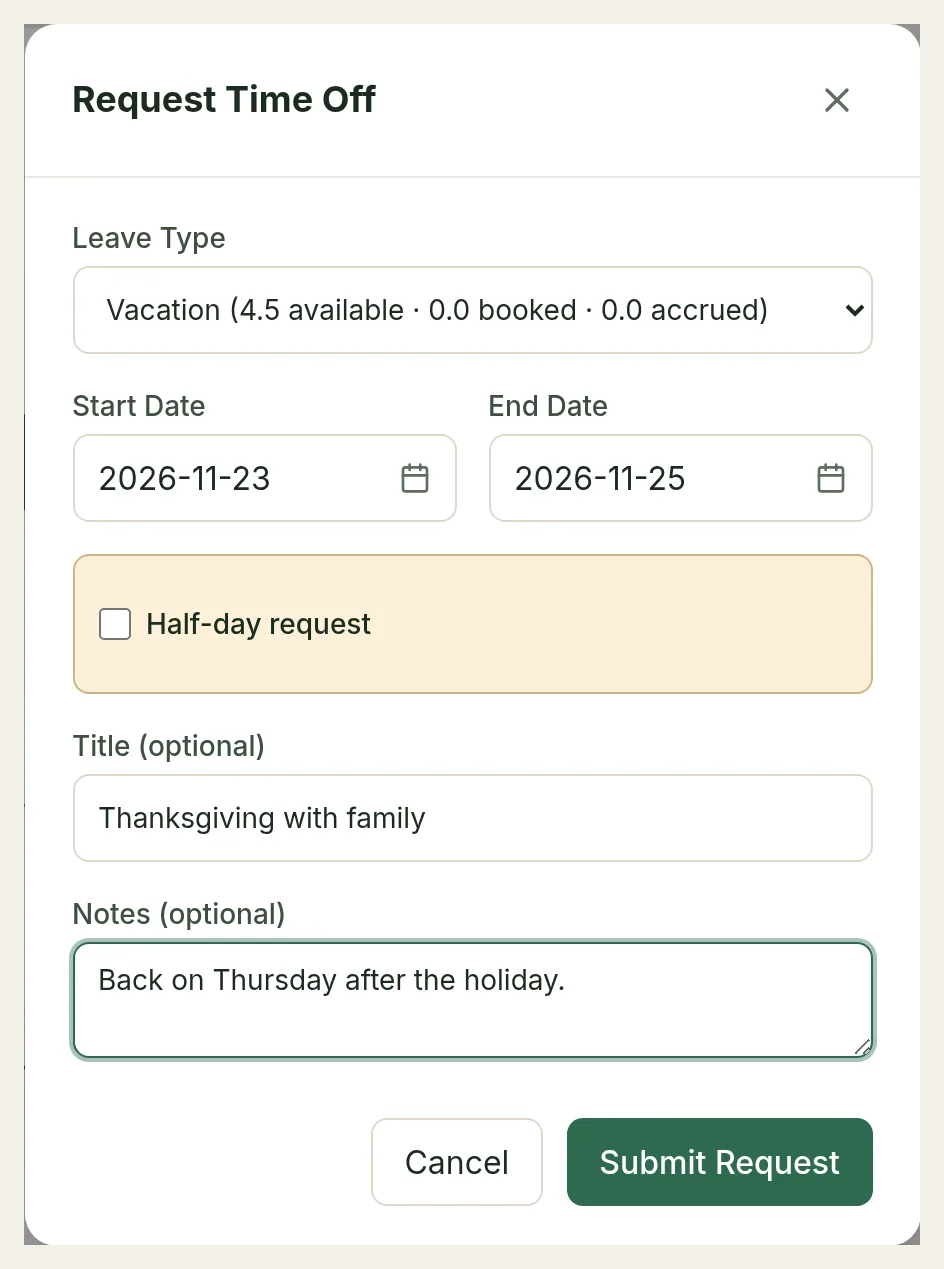 The Request Time Off dialog with Vacation selected, dates from Nov 23 to Nov 25, the Half-day request option, a title and notes, and the Submit Request button