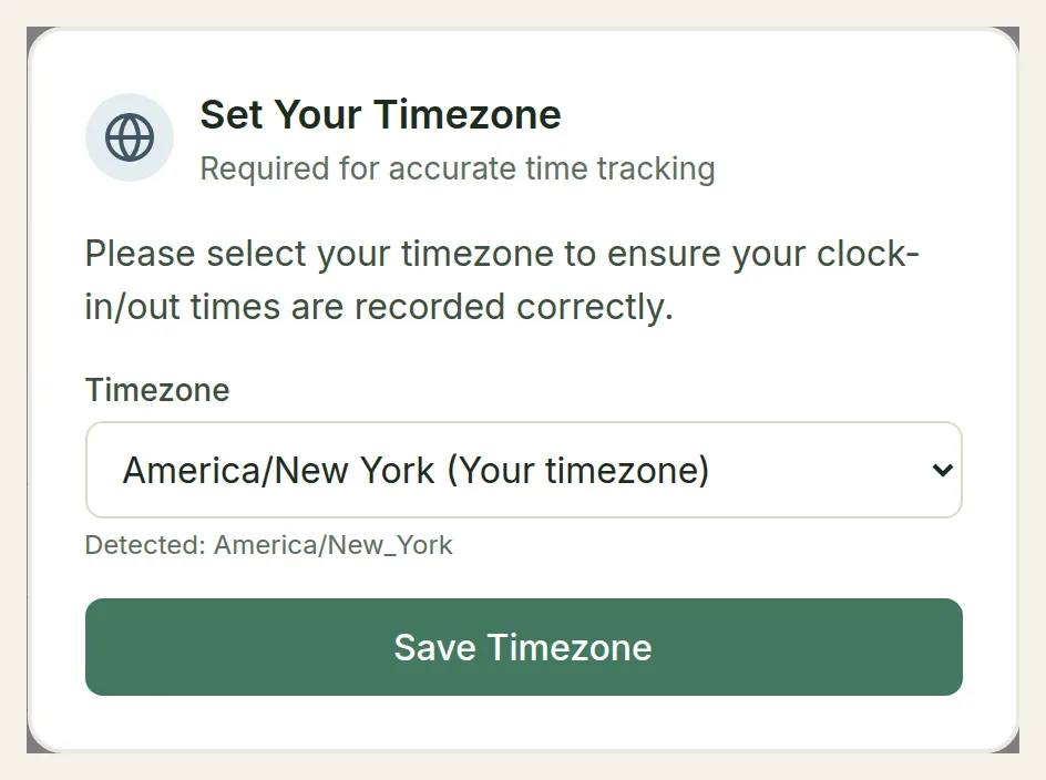 The Set Your Timezone dialog with America/New York selected and a Save Timezone button
