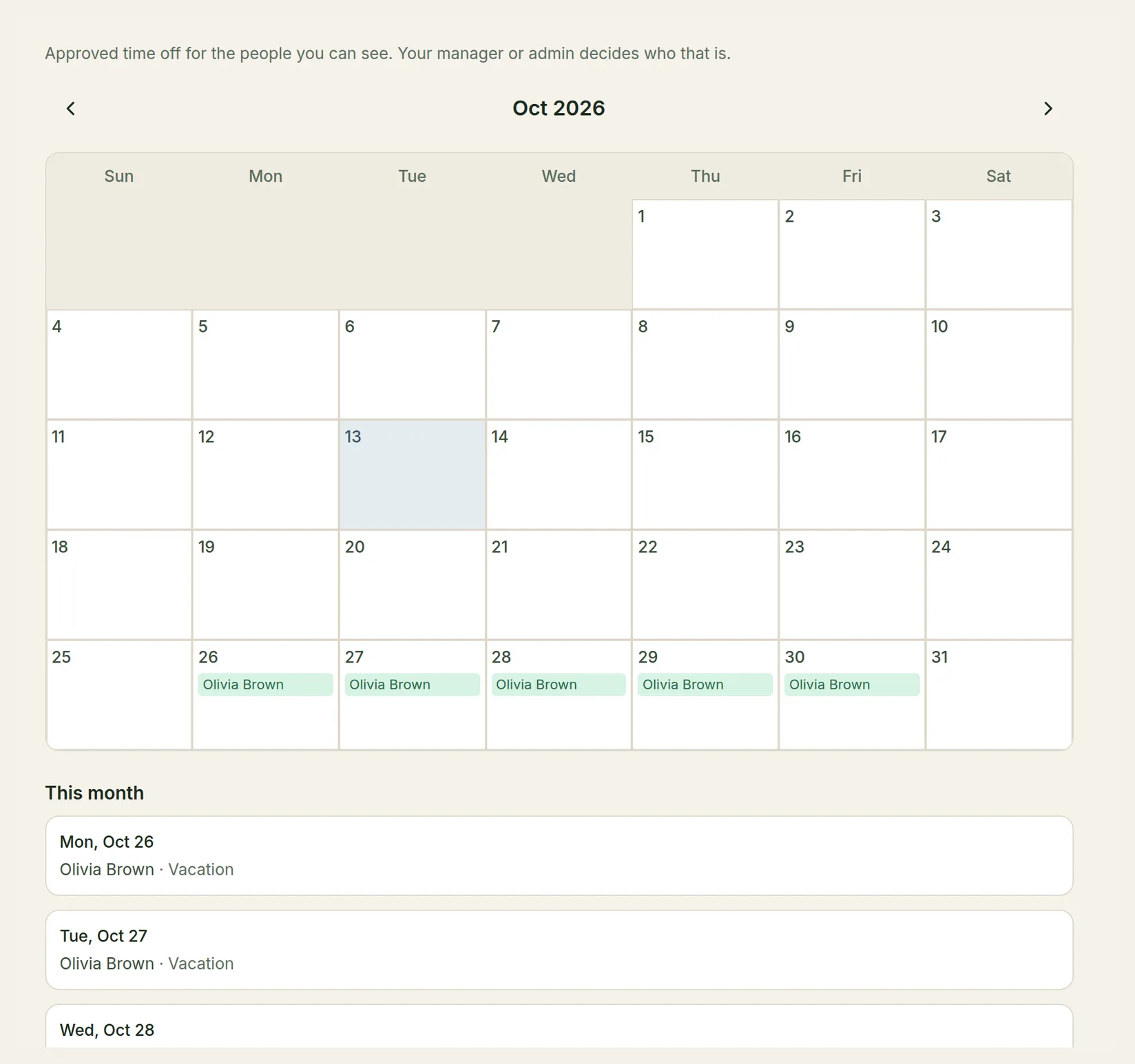 The Who's off calendar for October 2026, with Olivia Brown out from Oct 26 to Oct 30, and a This month list below