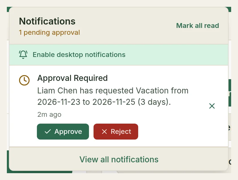 The notification bell open, showing an Approval Required card for Liam Chen's Vacation request with Approve and Reject buttons