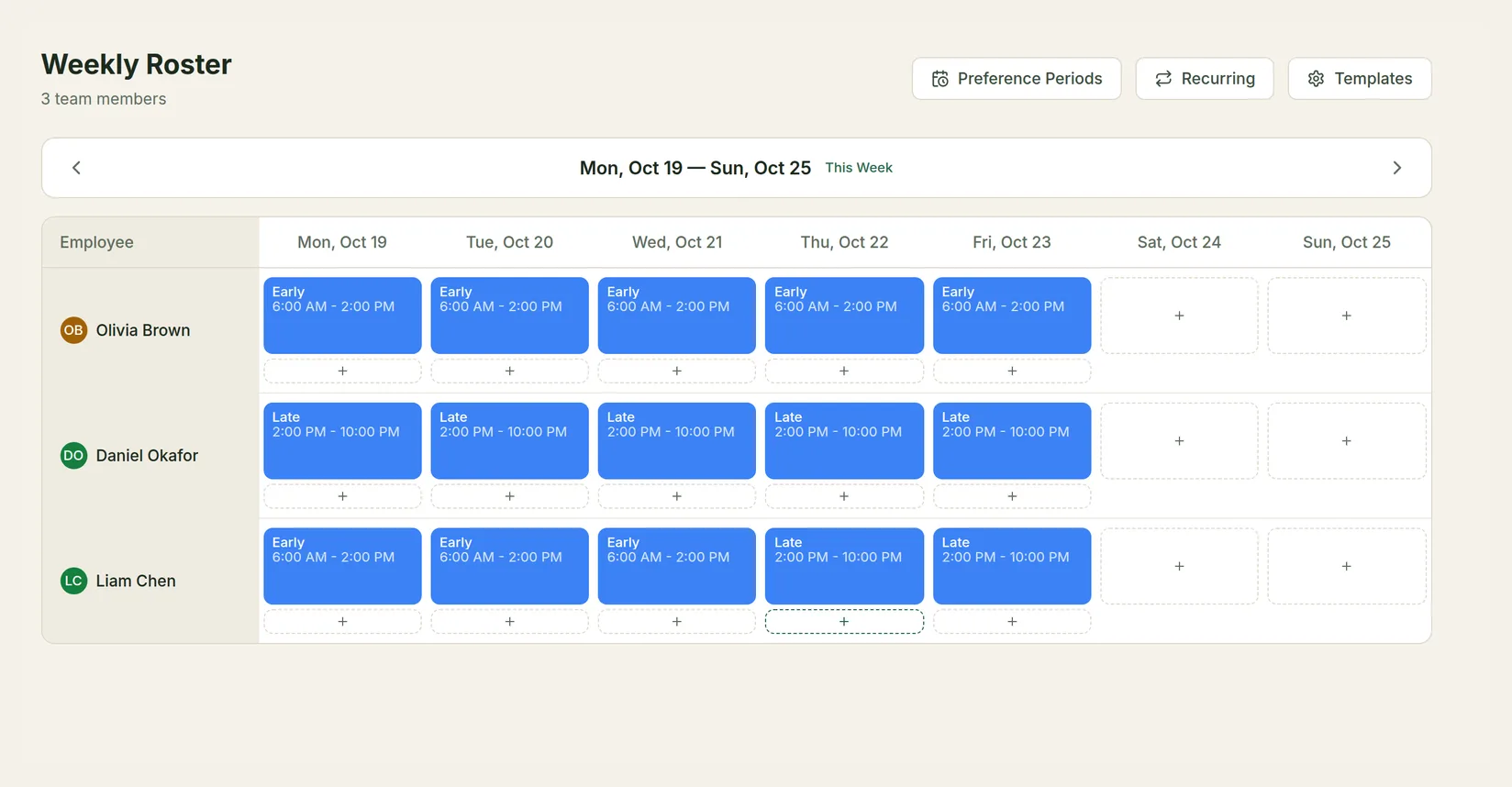 The Weekly Roster for Oct 19 to Oct 25 with Early and Late shifts for Olivia Brown, Daniel Okafor and Liam Chen, and Preference Periods, Recurring and Templates buttons