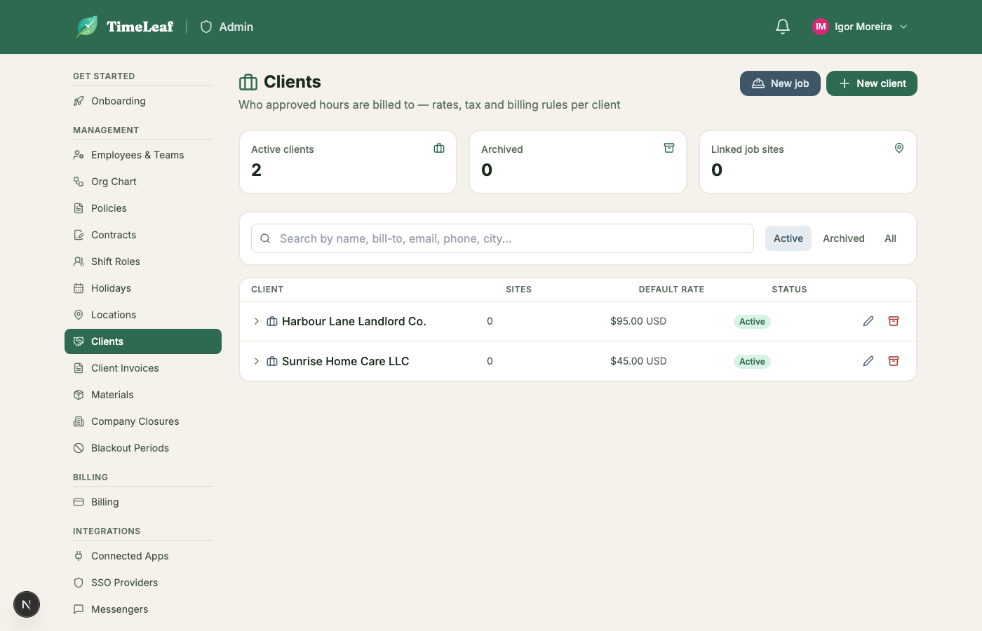 Clients page listing each client with its default hourly rate