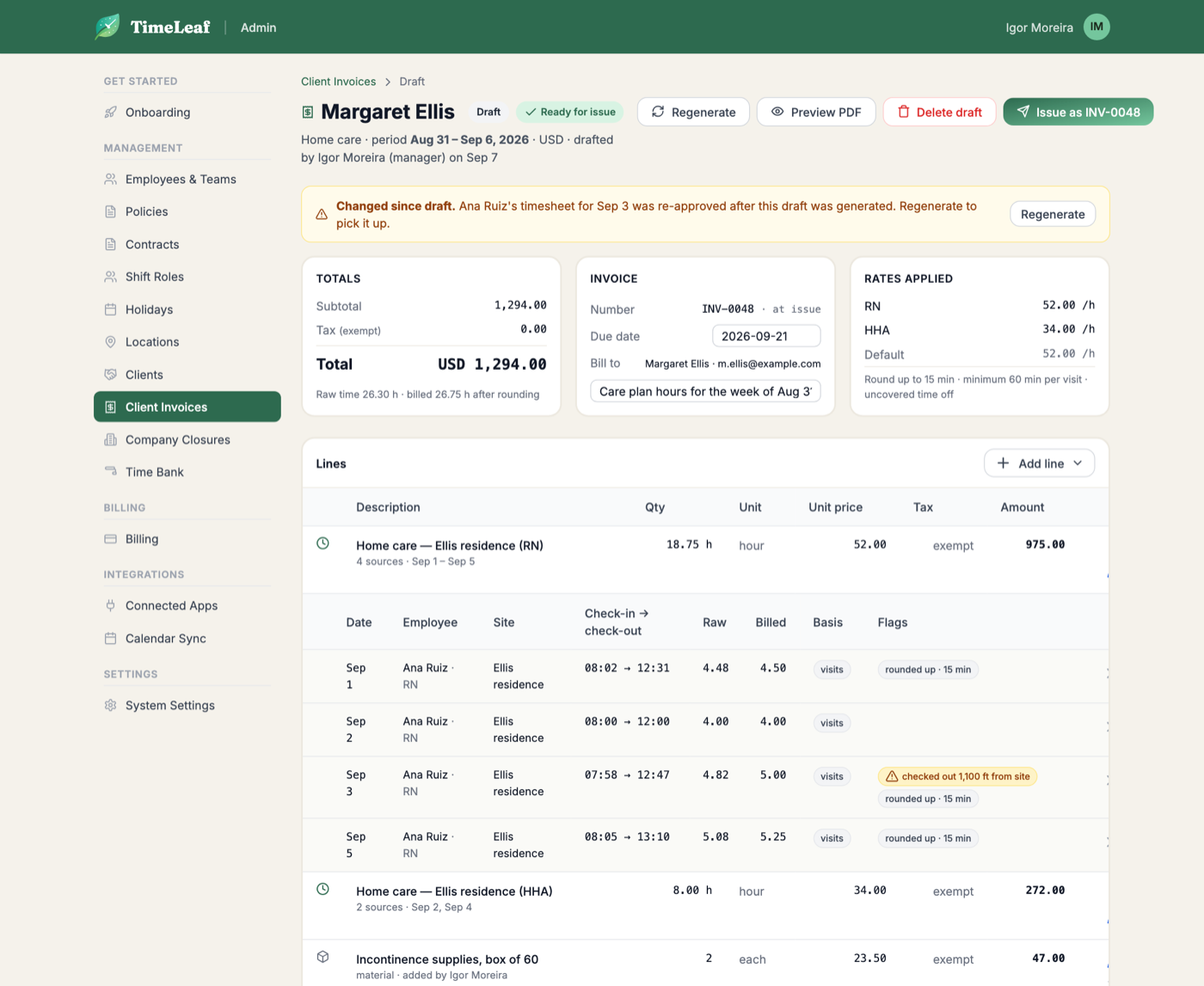 Draft invoice editor showing totals, rates applied, and the underlying visits for each billed line