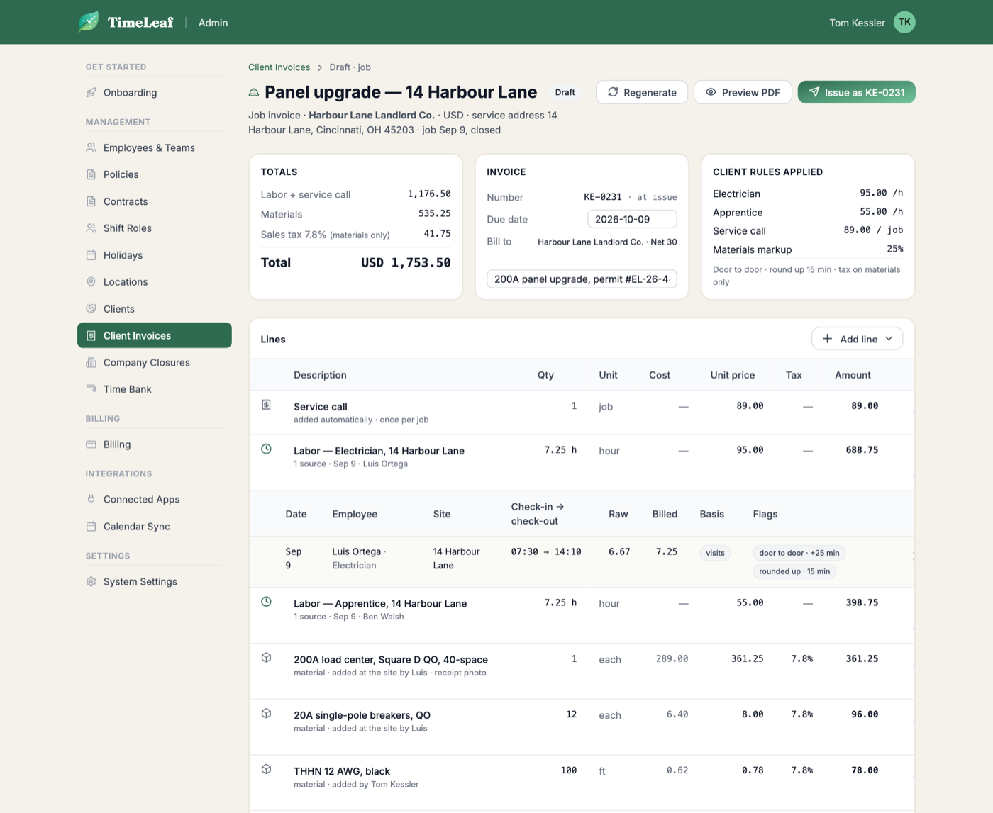Draft job invoice for a single completed job, with labor, materials, and a service-call fee broken out by line