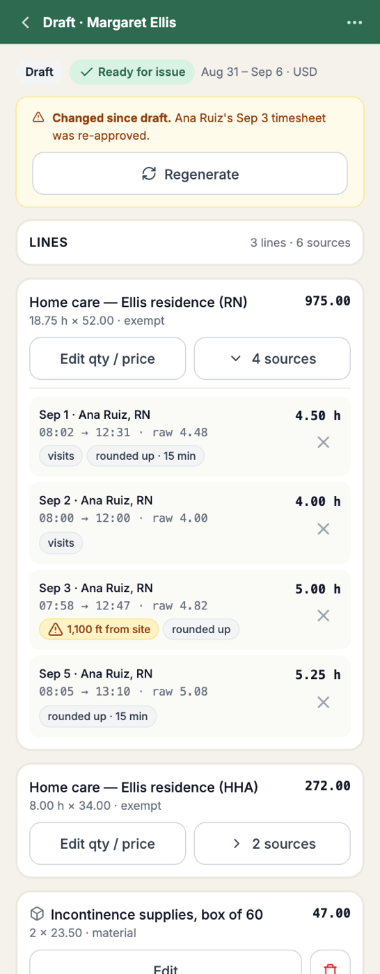 Mobile view of a draft invoice with totals and lines