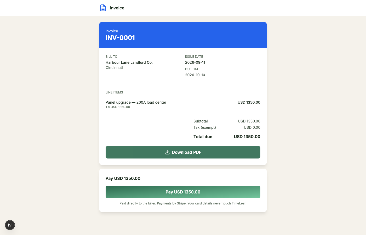 Public invoice page with the Pay now section, shown to the client with no login required